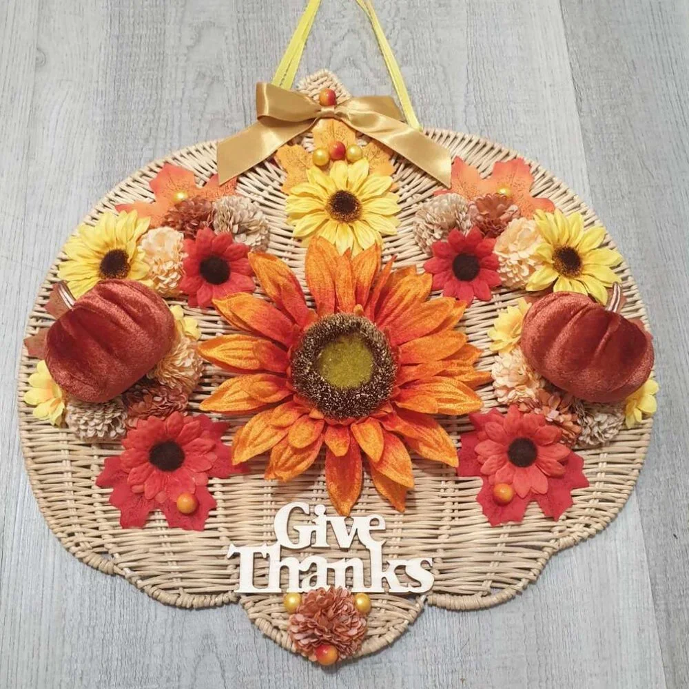 Sunflowers Fall Wreath GIVE THANKS Sign Thanksgiving Pumpkin Wall Door Hanger